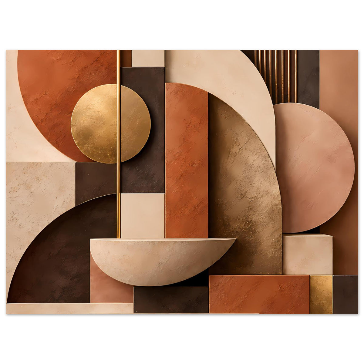 Kunstposter mit warmen geometrischen Blöcken, Goldkreis und großen Halbkreis-Bögen