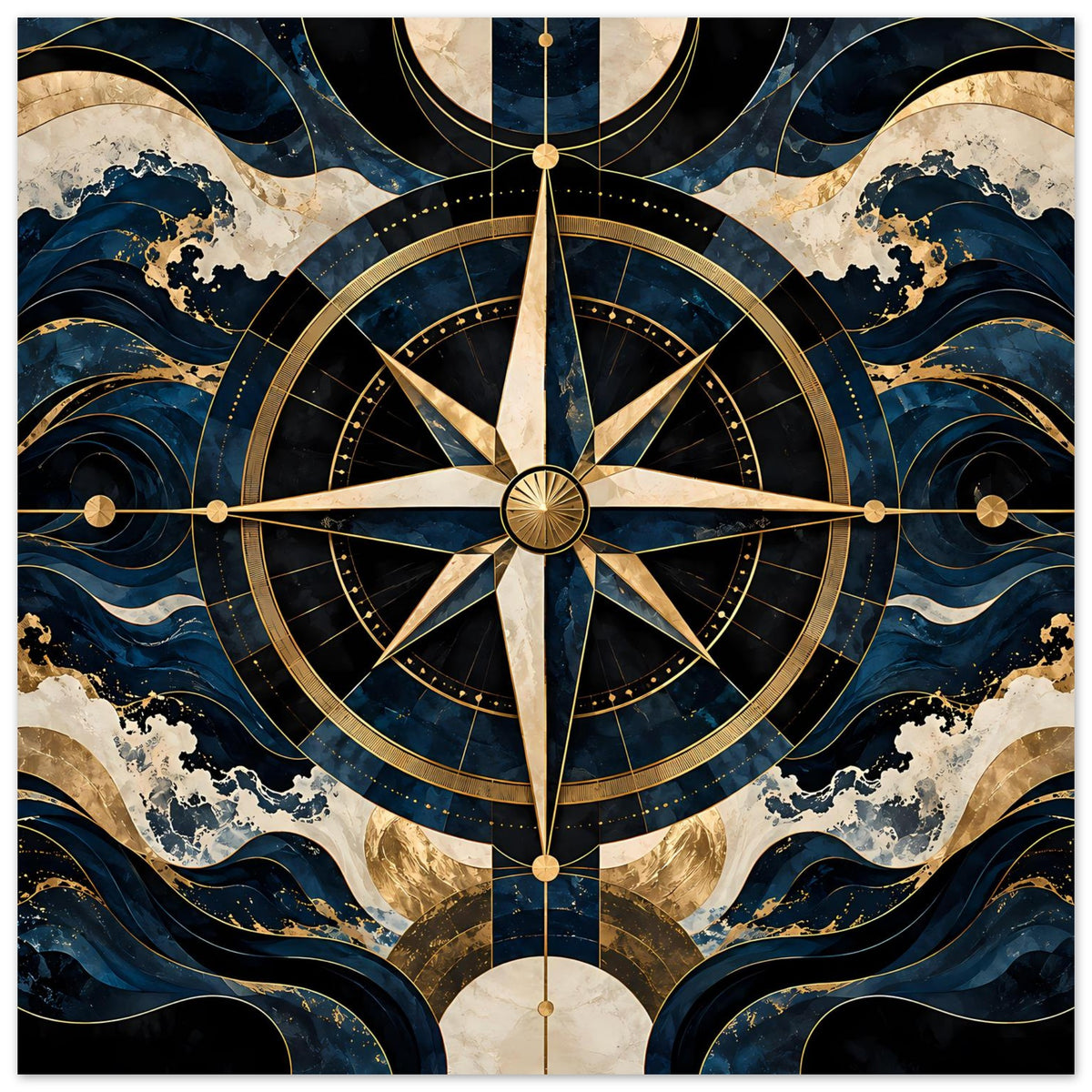 Maritimes Navigationsposter (horizontal): Kompassrose, goldene Achsen, blaue Wellenornamente