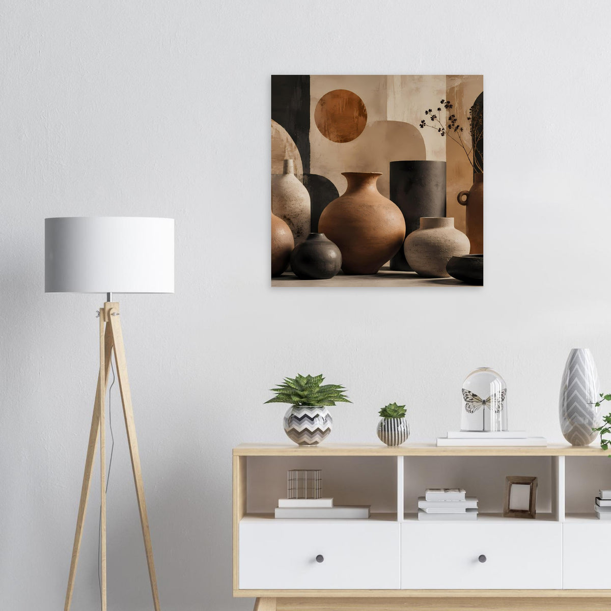 Gerahmtes Wandposter mit abstraktem Stillleben: Keramikvasen in Terrakotta und Beige