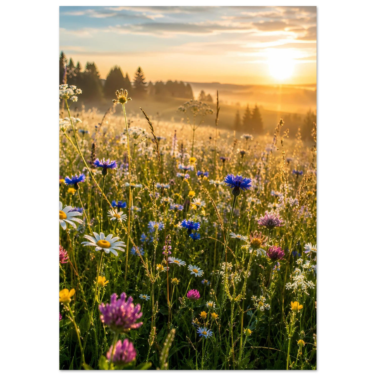 Wildblumenwiesen-Poster, vertikal: gelbe, blaue und rosa Blüten im warmen Sonnenaufgang
