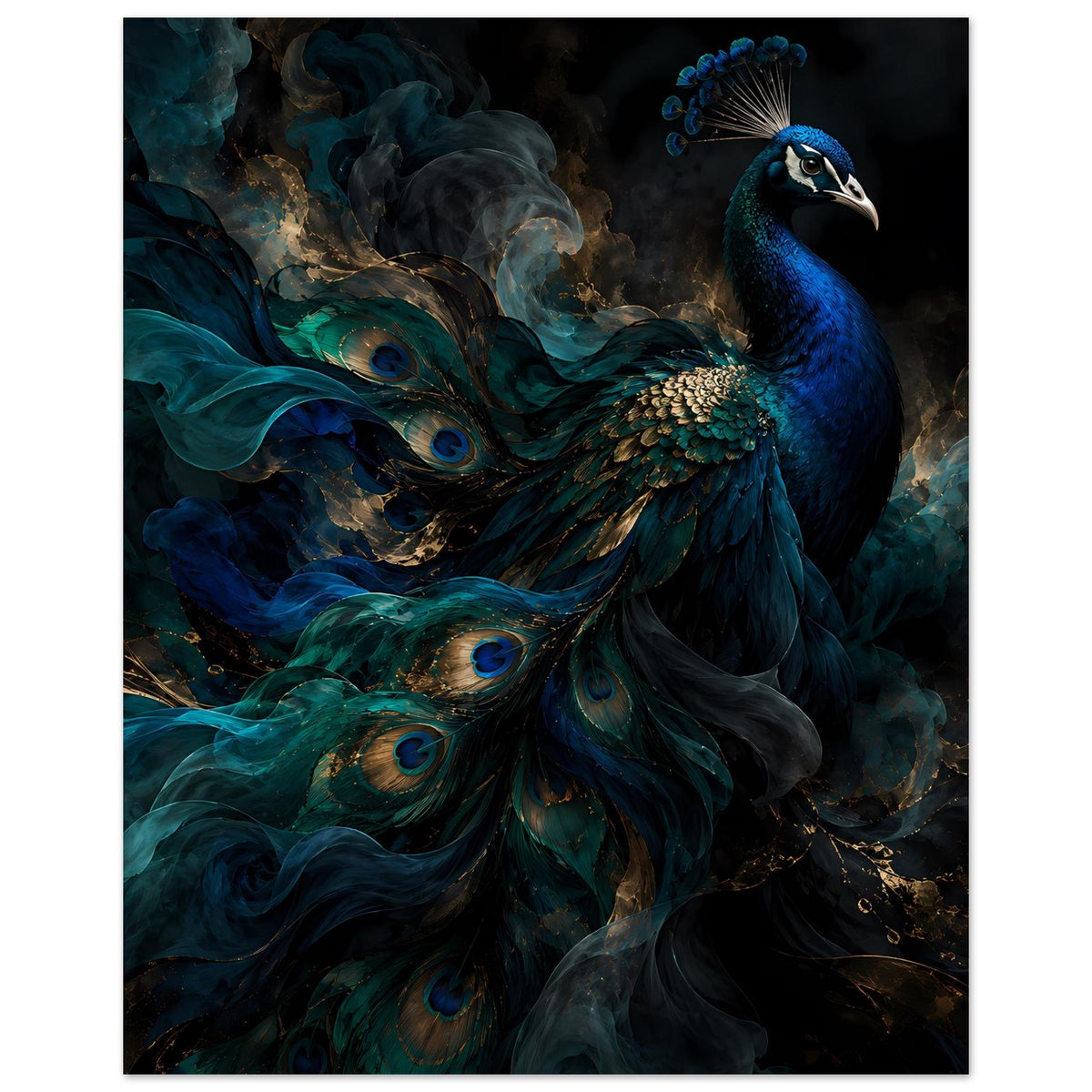 Pfauen-Kunstposter, senkrechte Ansicht mit blauem Pfau, goldenen Akzenten und großen Federaugen
