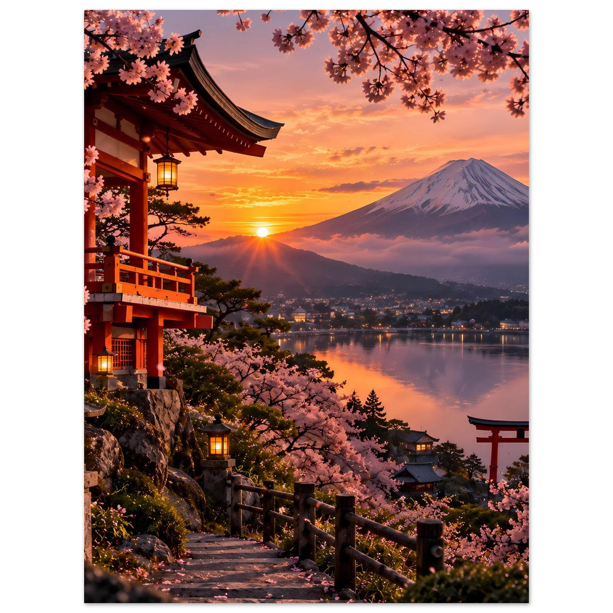 Vertikales Poster mit Kirschblüten, Tempeltreppe, Berg Fuji und Sonnenuntergangshimmel