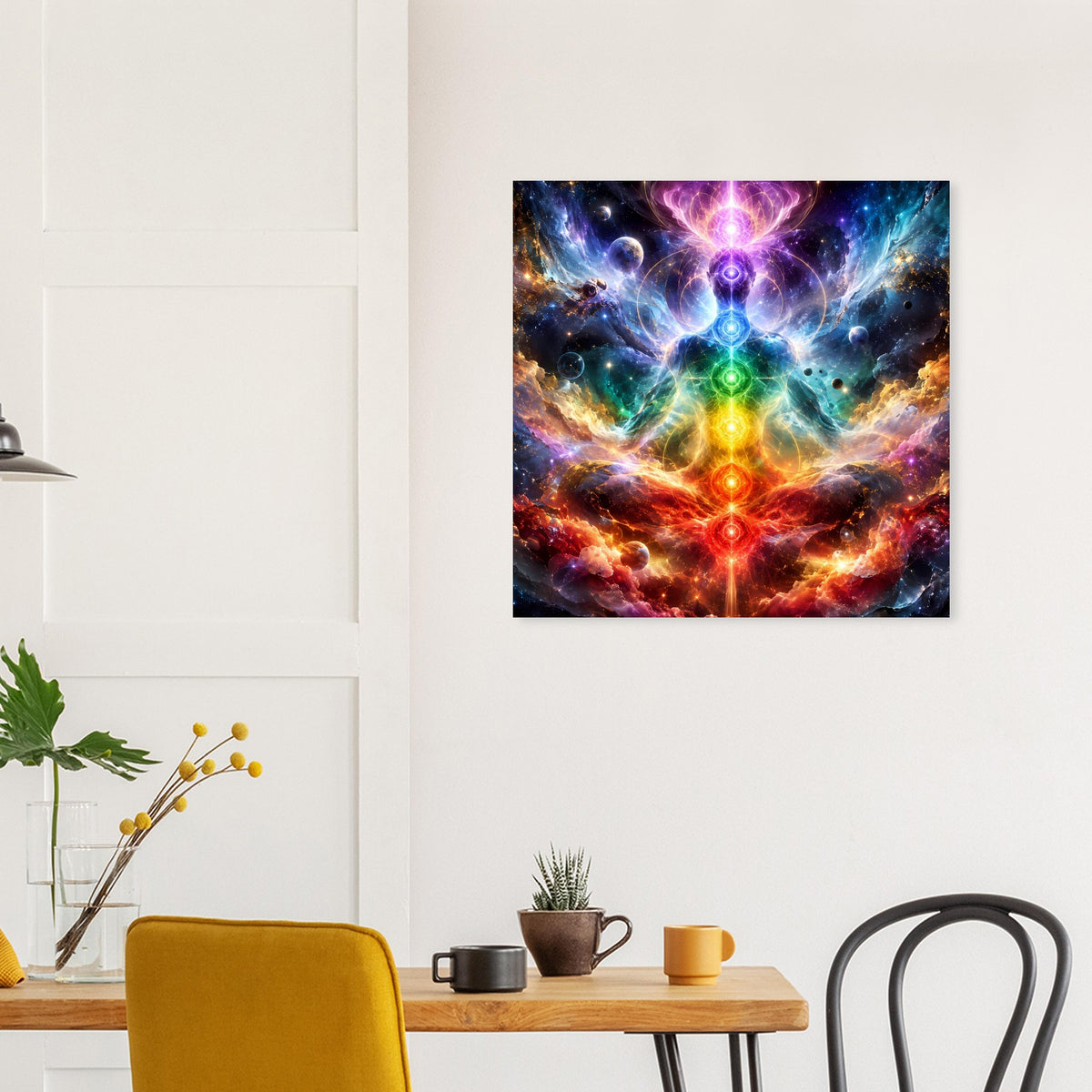 Chakra-Meditationsposter mit violetter bis roter Energieachse und sternenartiger Grafik
