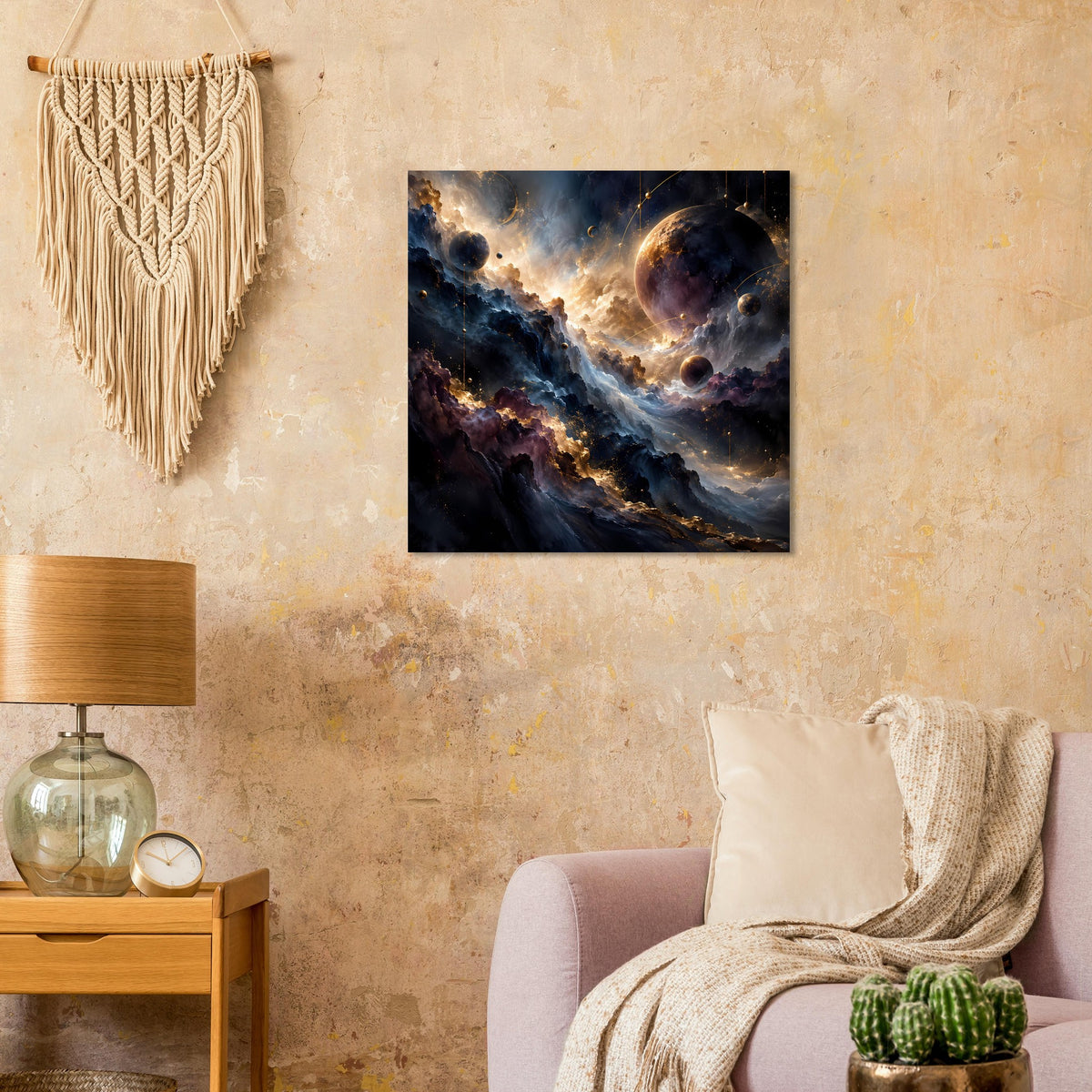 Raumfahrt-Kunstposter mit Sternenstaub, Nebel und Planeten im Farbverlauf