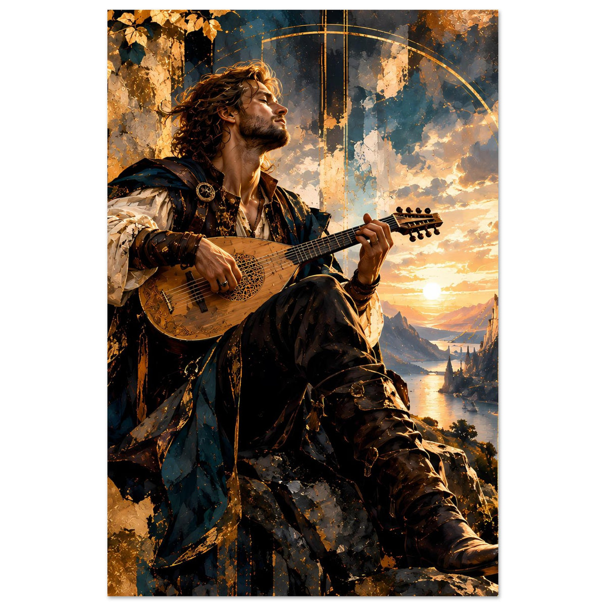 Vertikales Poster mit Bard-Musiker und Gitarre vor Sonnenuntergangslandschaft