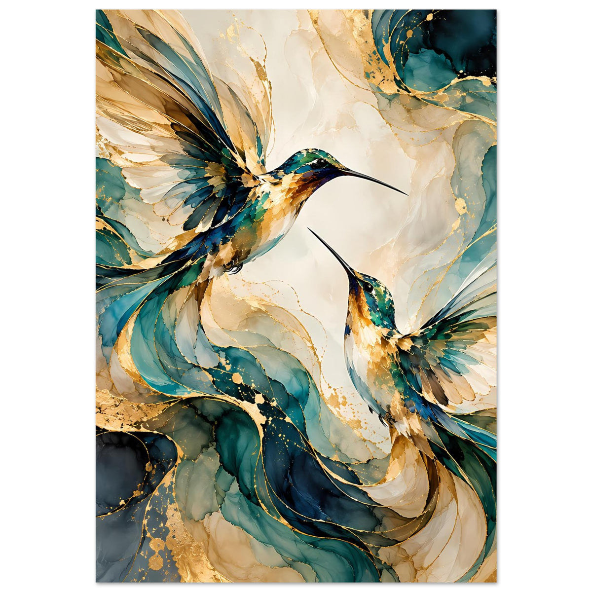 Vogelposter mit zwei Kolibris in Türkis, Blau und Gold, weiche Federstruktur