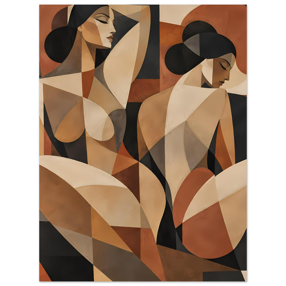 Abstraktes Poster mit Frauenfiguren, warme Brauntöne, beige Dreiecke und schwarze Konturen