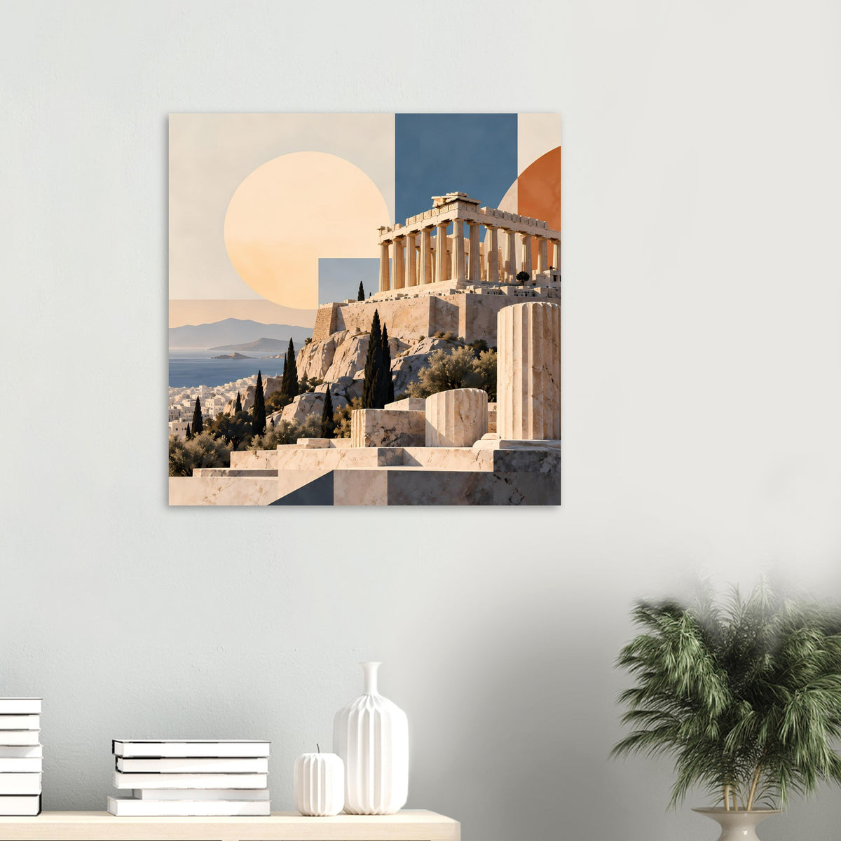 Griechenland-Poster: Tempel mit Säulen, Felsen und Olivenbäume, blau-oranges Farbstück rechts
