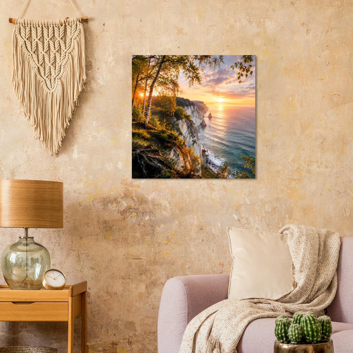 Wandposter mit Sonnenuntergang an der Küste, Felsweg, Meerblick und goldenes Licht