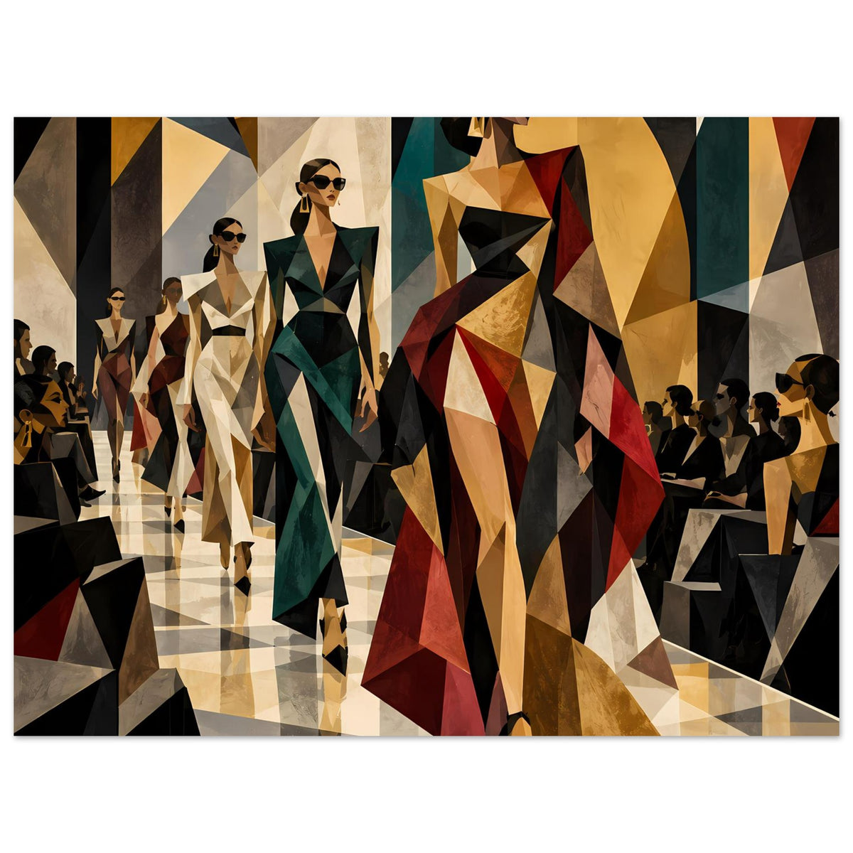 Fashion-Poster mit diagonalen Polygonen: Modefiguren, grüne Details und rotes Farbsegment