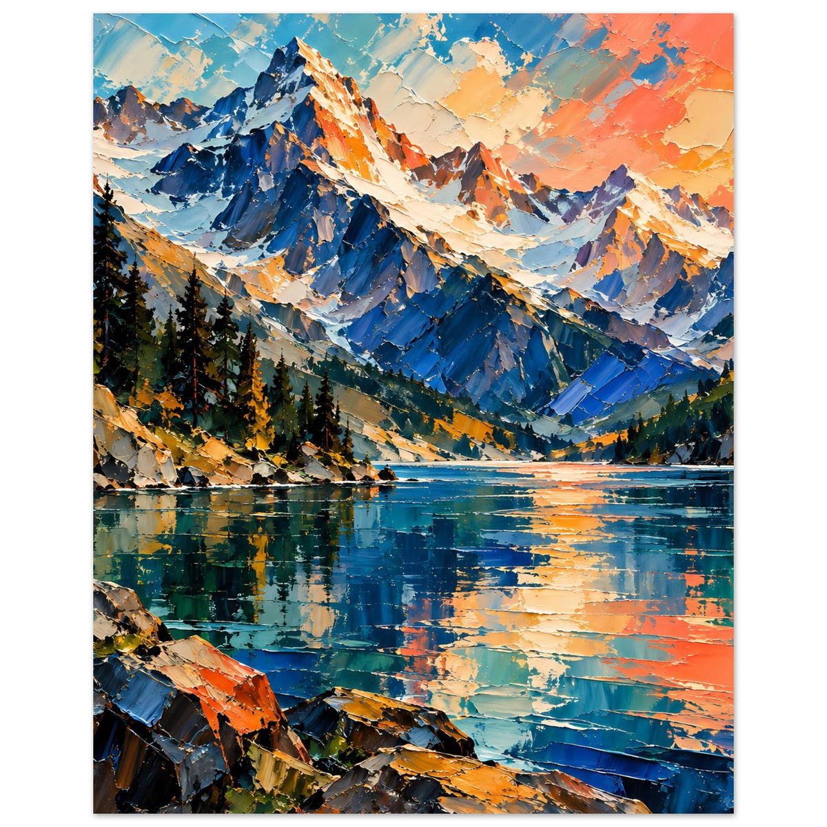 Horizontales Landschafts-Poster mit Bergen, See und buntem Sonnenuntergang