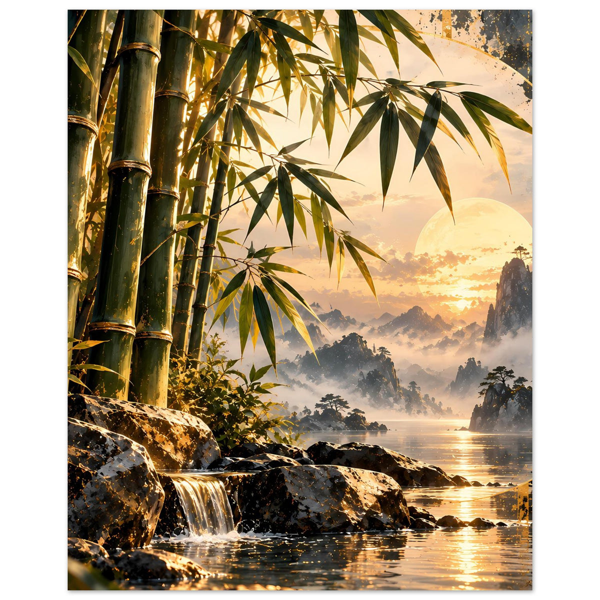 Poster Bambus-Sonnenuntergang mit Bambusblättern, Wasserfall und nebligen Bergen am See