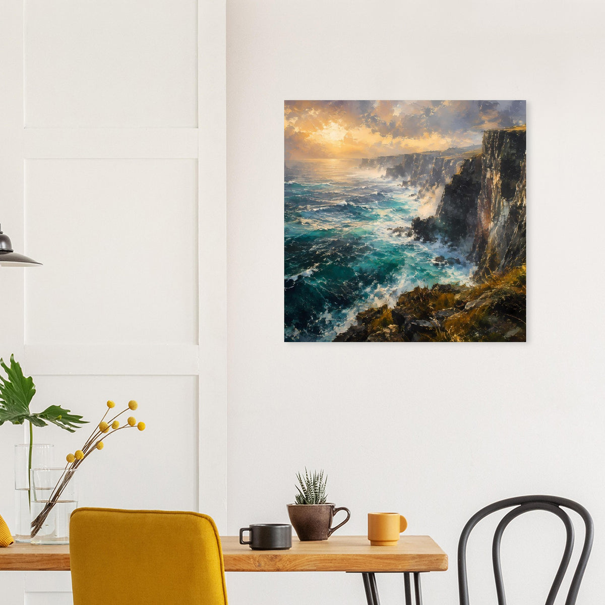 Poster mit Küste und Klippen; türkisfarbene Wellen im goldenen Abendhimmel