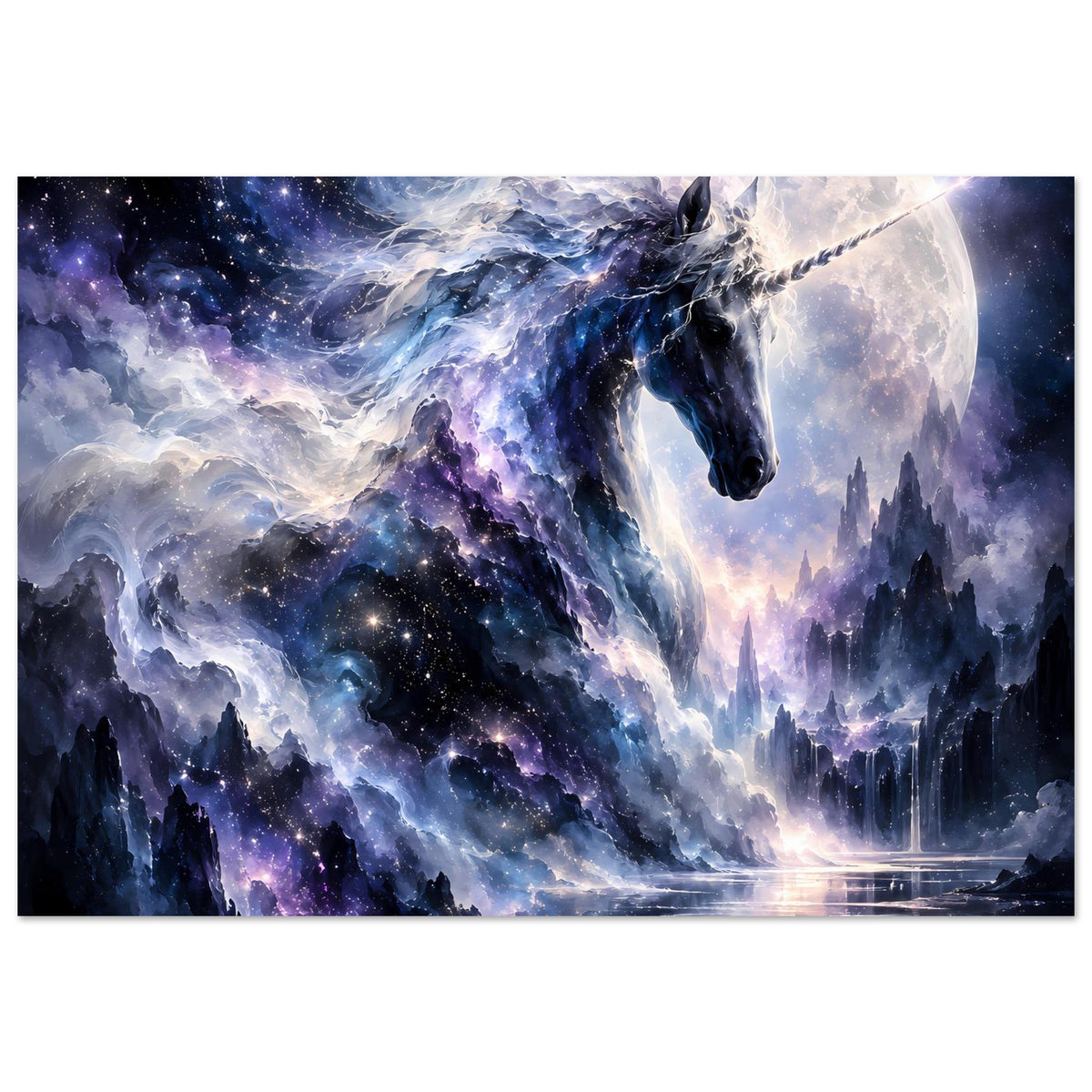 Galaktisches Einhorn-Poster, horizontal: Blaulila Einhorn im All vor leuchtendem Mond