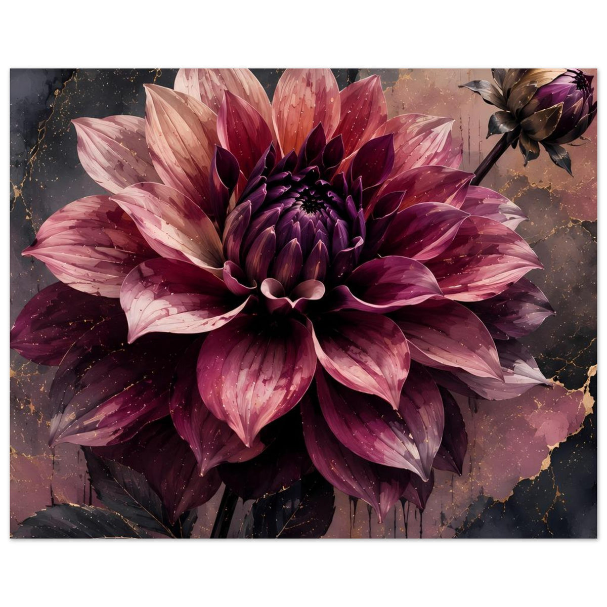 Blumenposter im Querformat: Dahlie in Dunkelviolett, goldene Adern und rechte Blütenzweig