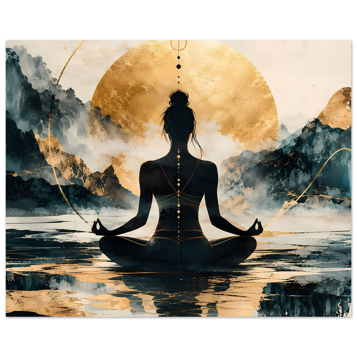 Hochformatiges Poster mit Meditationssilhouette, Lotussitz und goldenem Halbmond-Effekt
