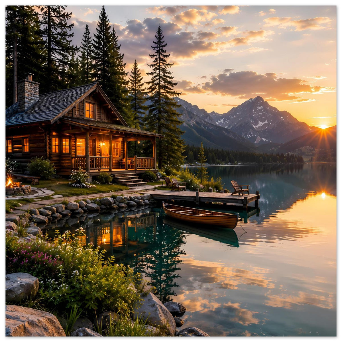 Landschaftsposter mit Holzhaus, Steg und Boot im See, Sonnenuntergang, Querformat