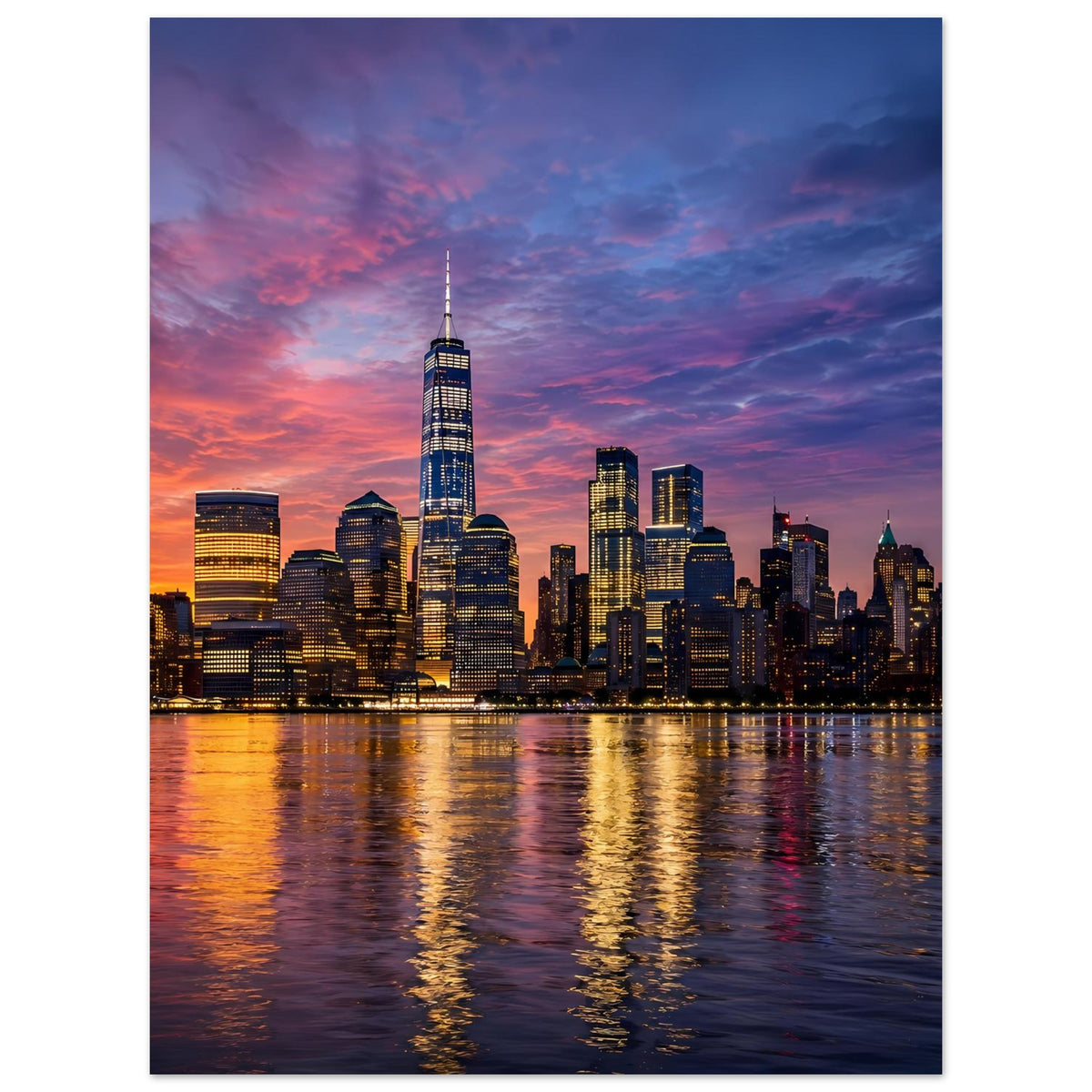 Stadtposter mit New-York-Skyline bei Dämmerung, Wasserreflexionen, auf mattem Papier