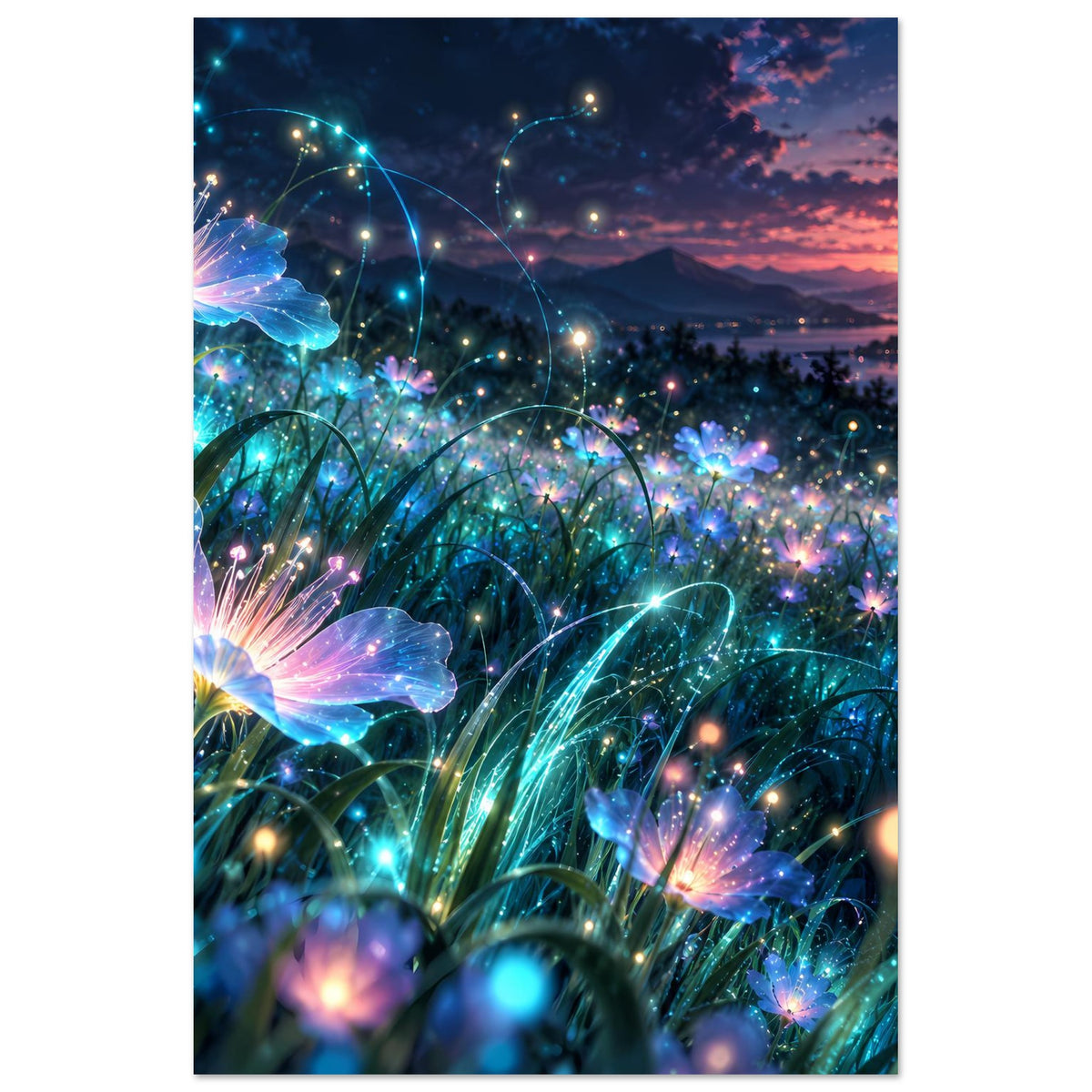 Vertikales Blumenposter im Rahmen mit leuchtenden blauen Blüten, gebogenen Stielen und Lichtpunkten