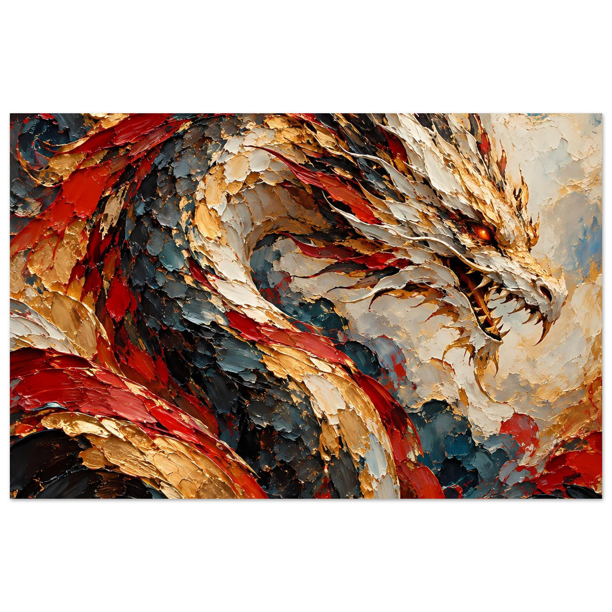 Fantasy-Poster mit feuerspeiendem Drachen in Rot, Gold und Dunkelblau, Detailansicht