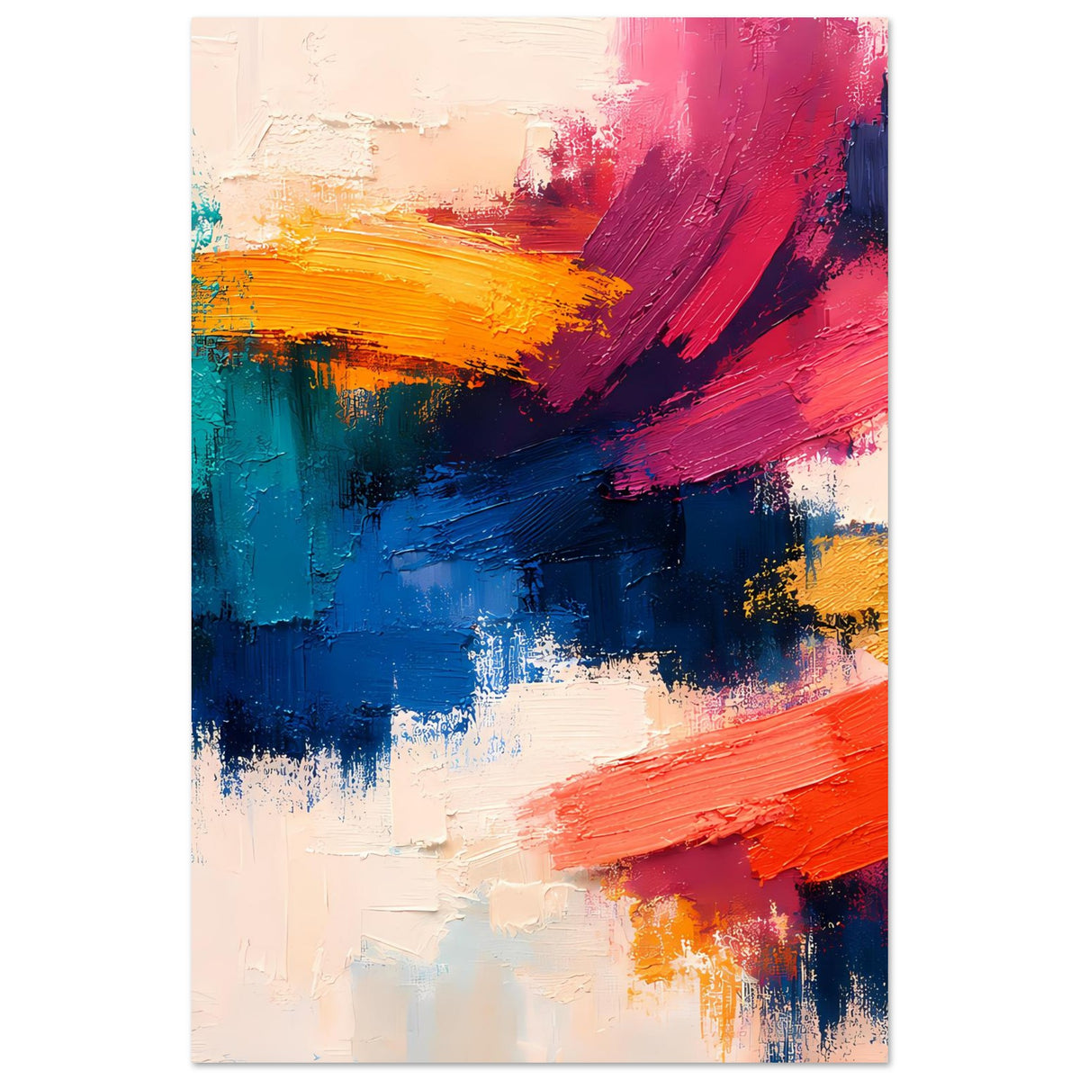 Abstraktes Expressionismus-Poster (hochkant) mit kräftigen Pinselstrichen in Blau, Pink, Orange