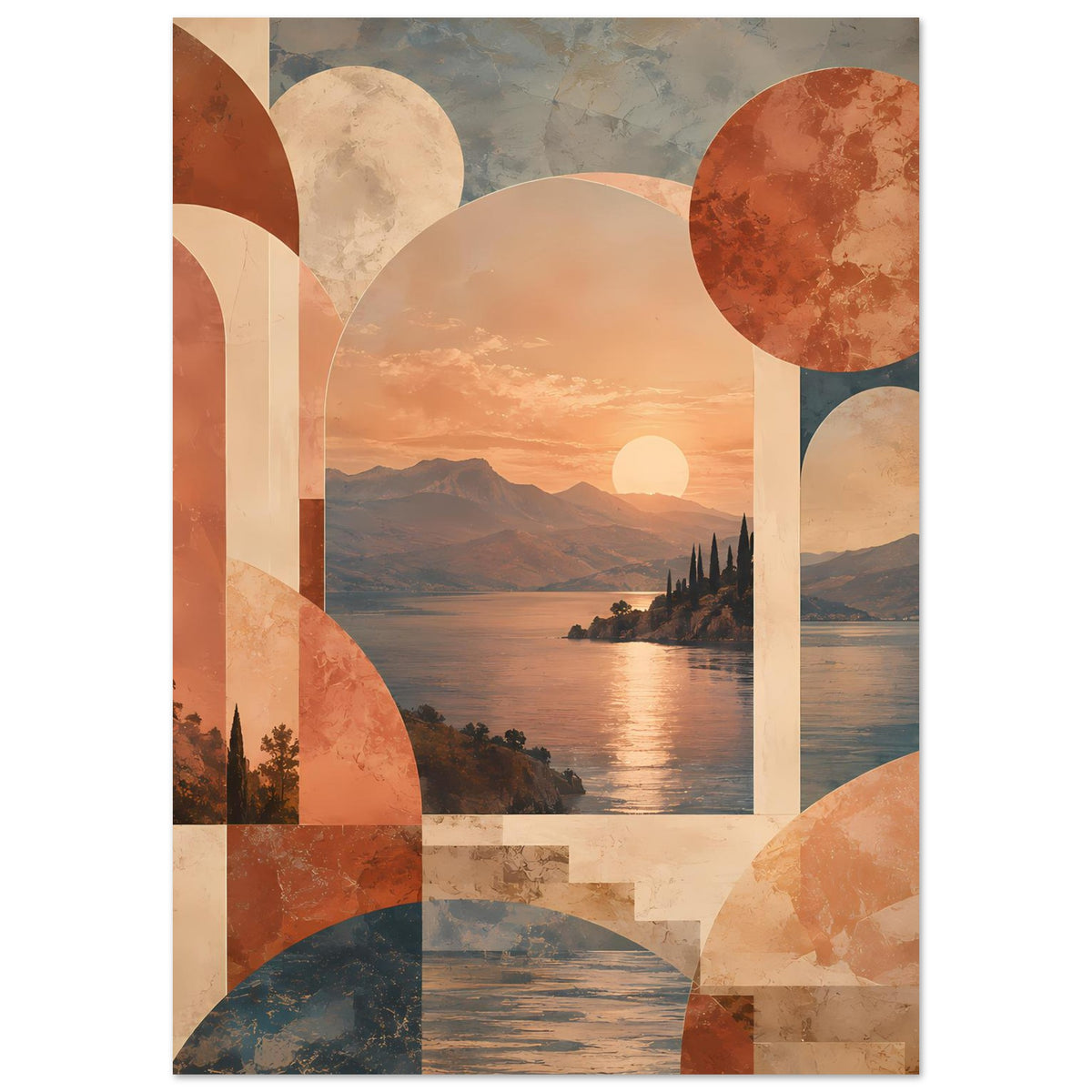 Abstraktes Poster mit warmen Erdtönen, Sonne im Hintergrund und Insel am Ufer