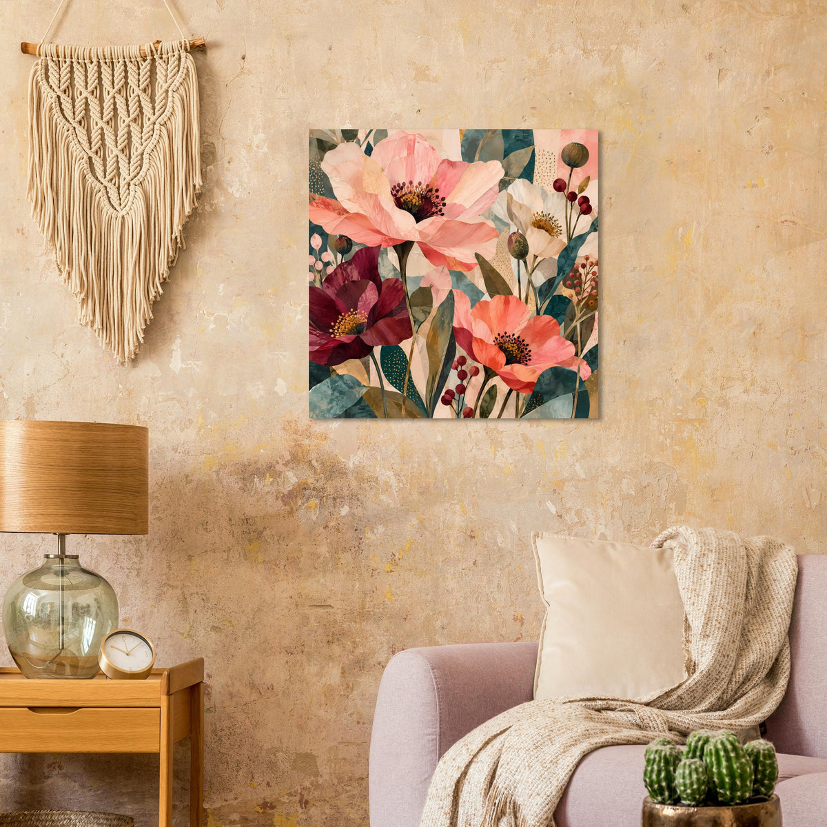Quadratisches Blumenposter mit großen Korall- und Burgunderblüten und Grün