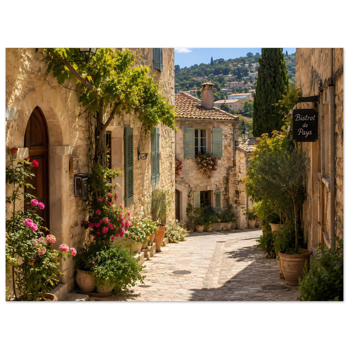 Poster mit sonniger Provence-Gasse, Natursteinhäusern, Blumenampeln und Kopfsteinweg