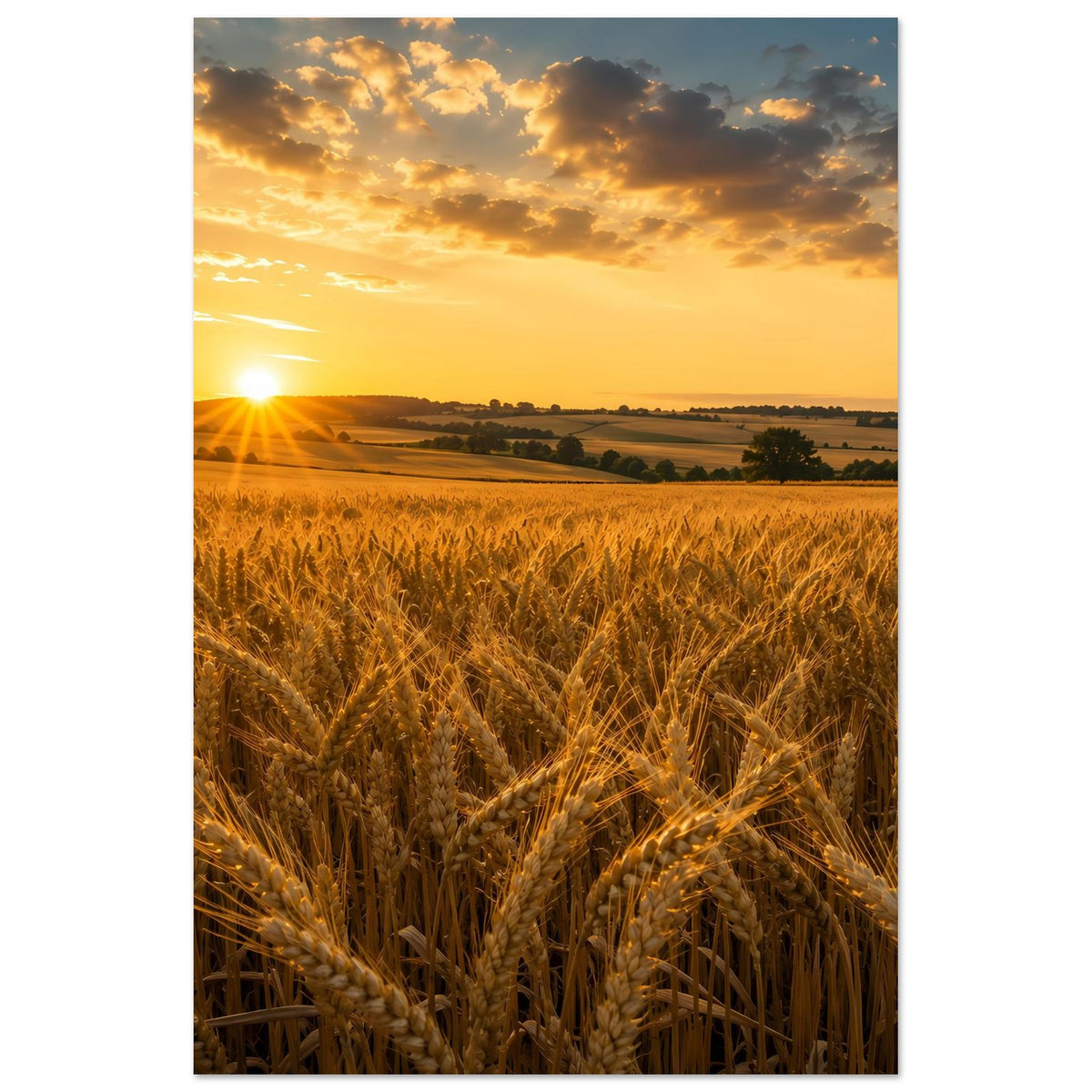 Landschafts-Poster mit Weizenfeld und Sonnenaufgang, Hochformat, gerahmt