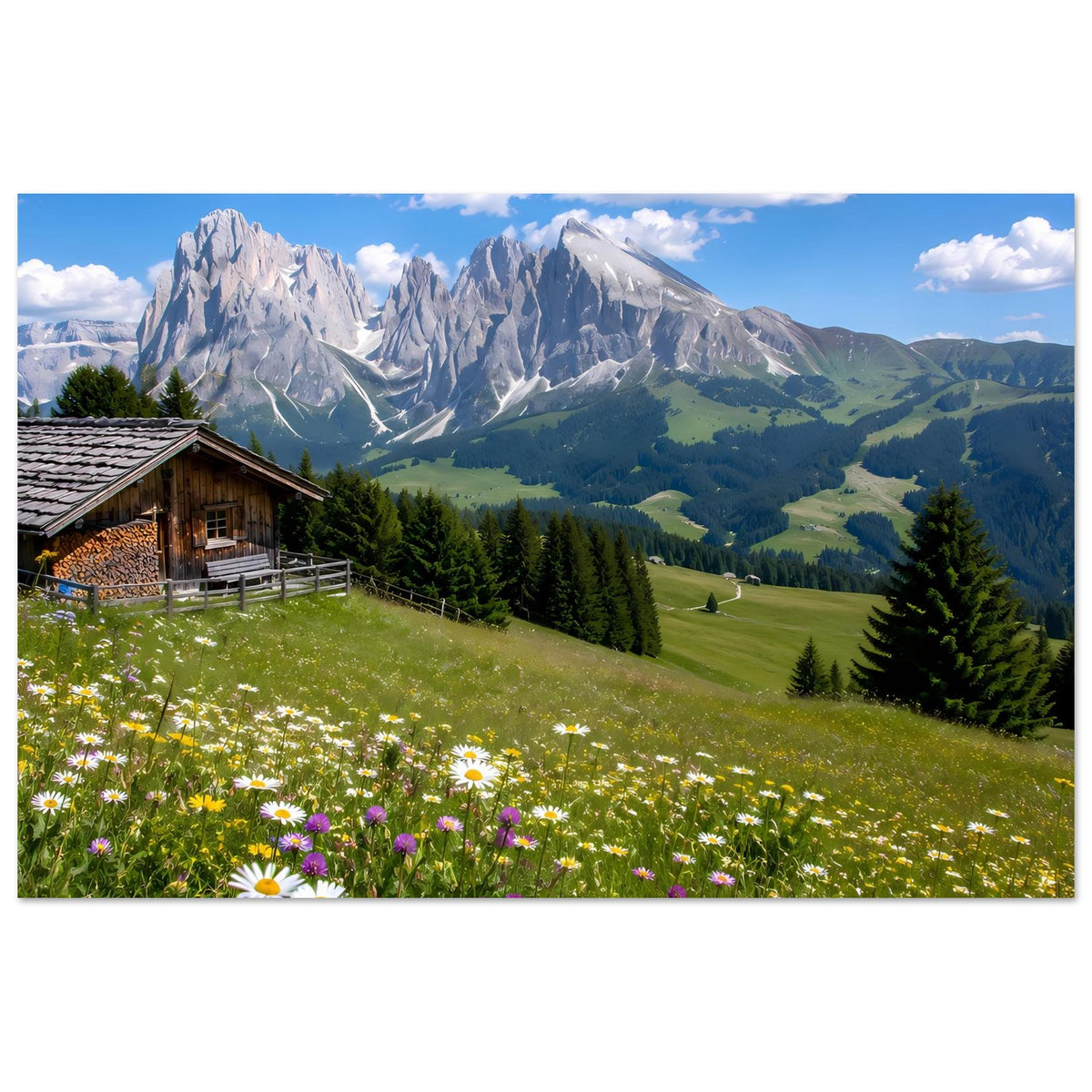 Alpenpanorama-Poster mit Holzhaus, Tannenwald, grünen Tälern und schneebedeckten Gipfeln