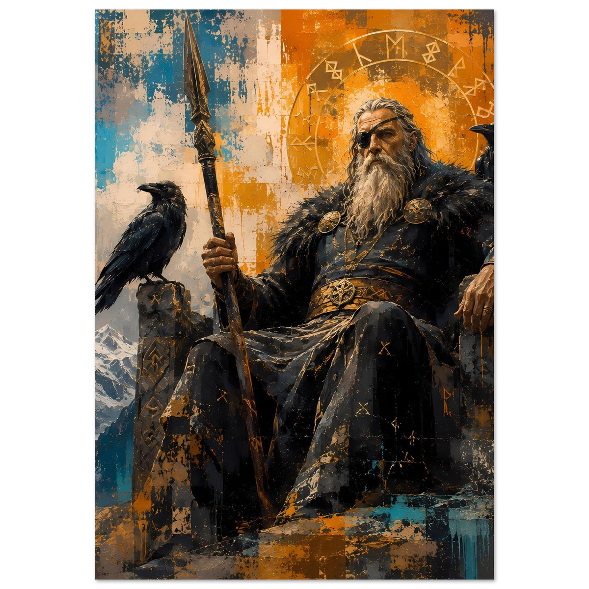 Norse-Gott Poster im Hochformat: bärtiger Herr mit Speer, schwarzer Rabe, abstrakte Runenzeichnung