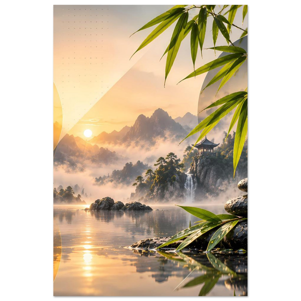 Zen-Poster im Hochformat: Bergsee mit Bambus, gestapelte Steine am Ufer, Sonnenaufgang
