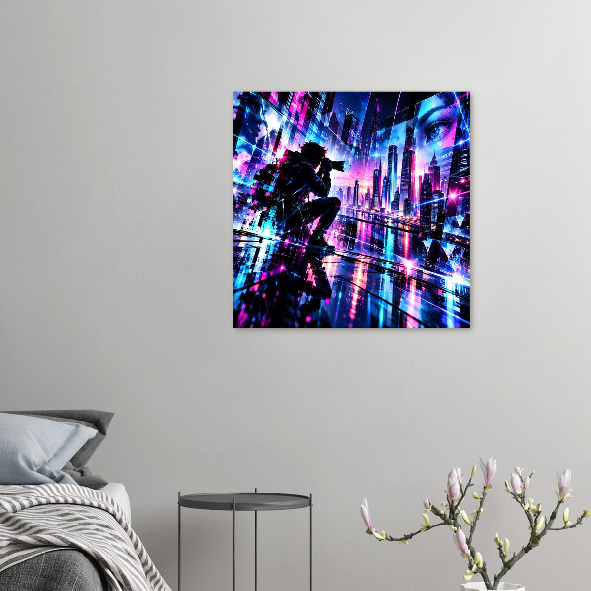 Neon-Cyberpunk-Stadtposter, kleines Format mit Silhouette und farbiger Skyline
