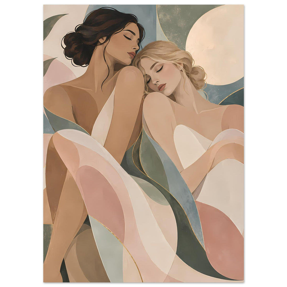 Kunstposter: zwei Frauen, sanfte Pastelltöne, abstrakte Bögen und goldene Konturen