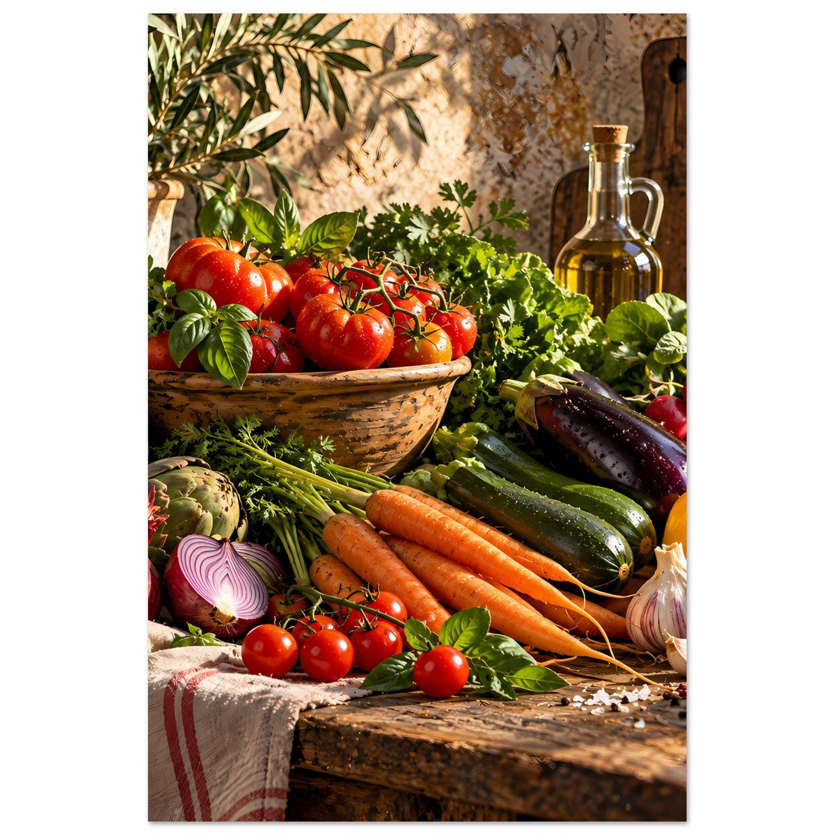 Küchenposter Ausschnitt: Tomaten, Karotten, Zucchini und Ölflasche
