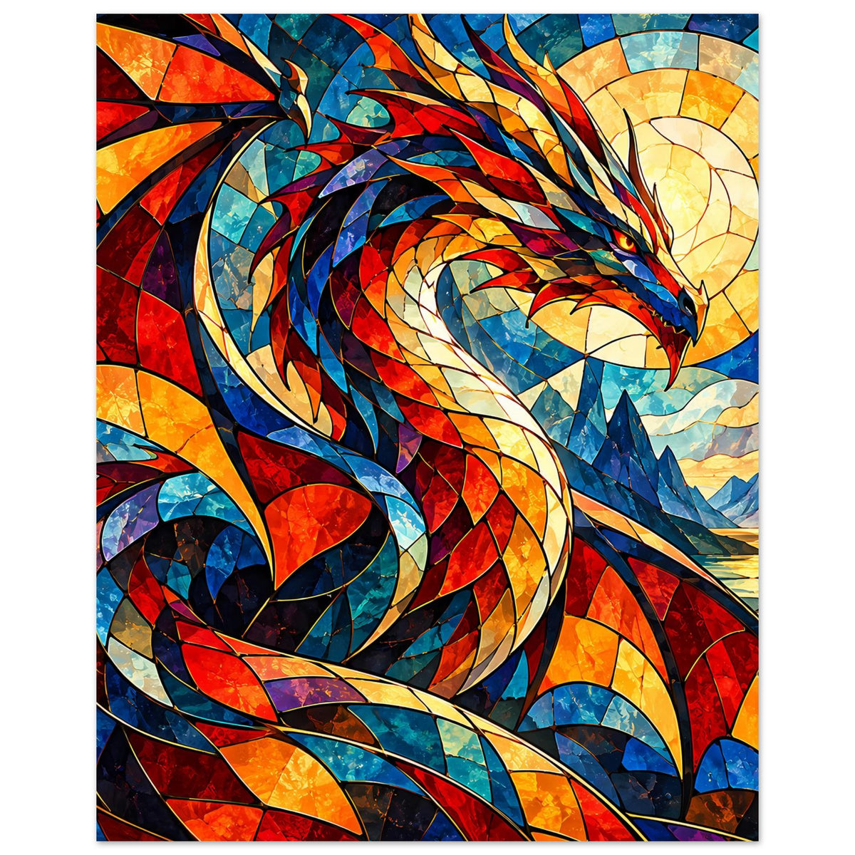 Drachen-Glasmalerei Poster im Hochformat, Drachenkörper mit roten, blauen und goldenen Kacheln