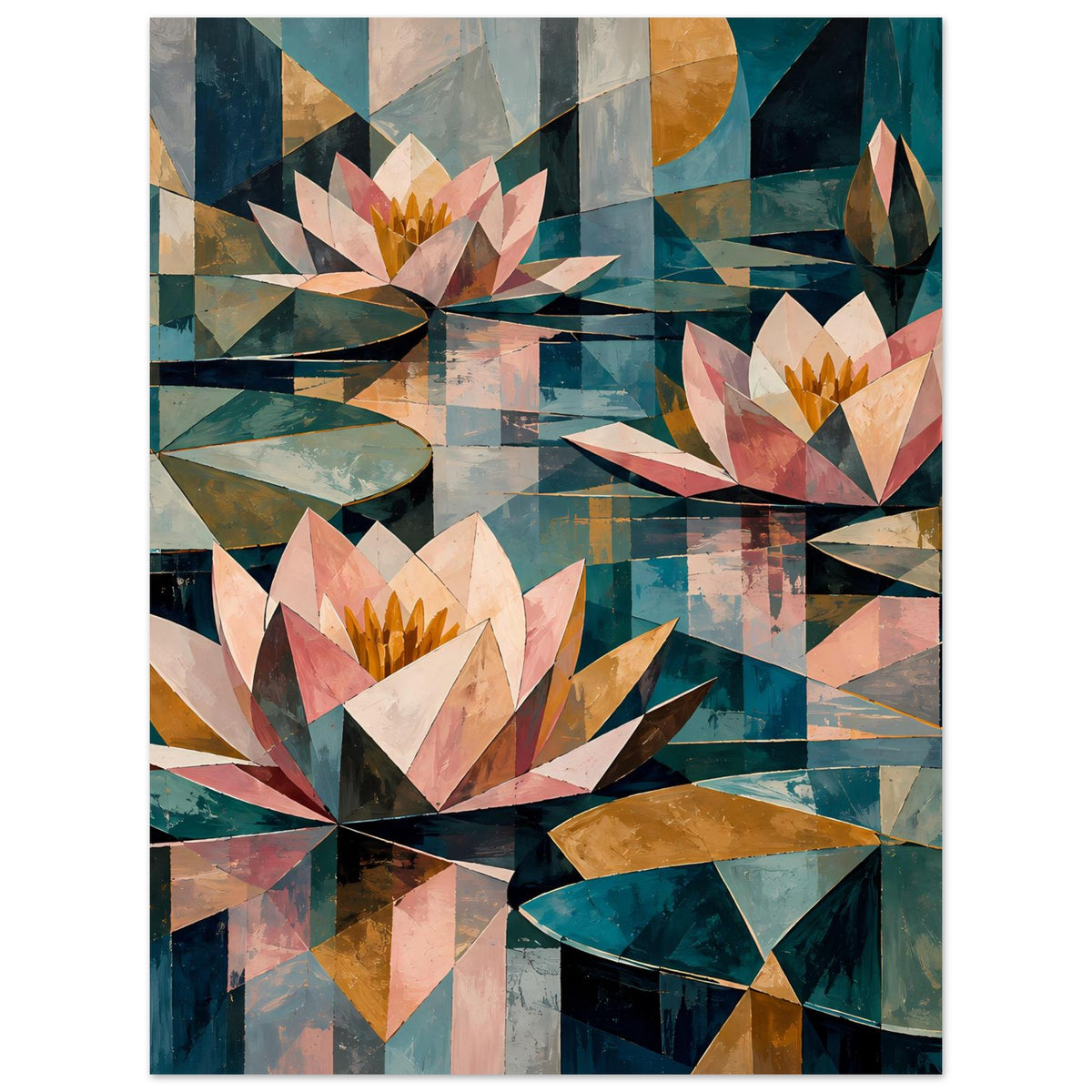 Blumenposter mit geometrischen Seerosen in Pastell- und Petrolfarben, kontrastreiche Farbflächen
