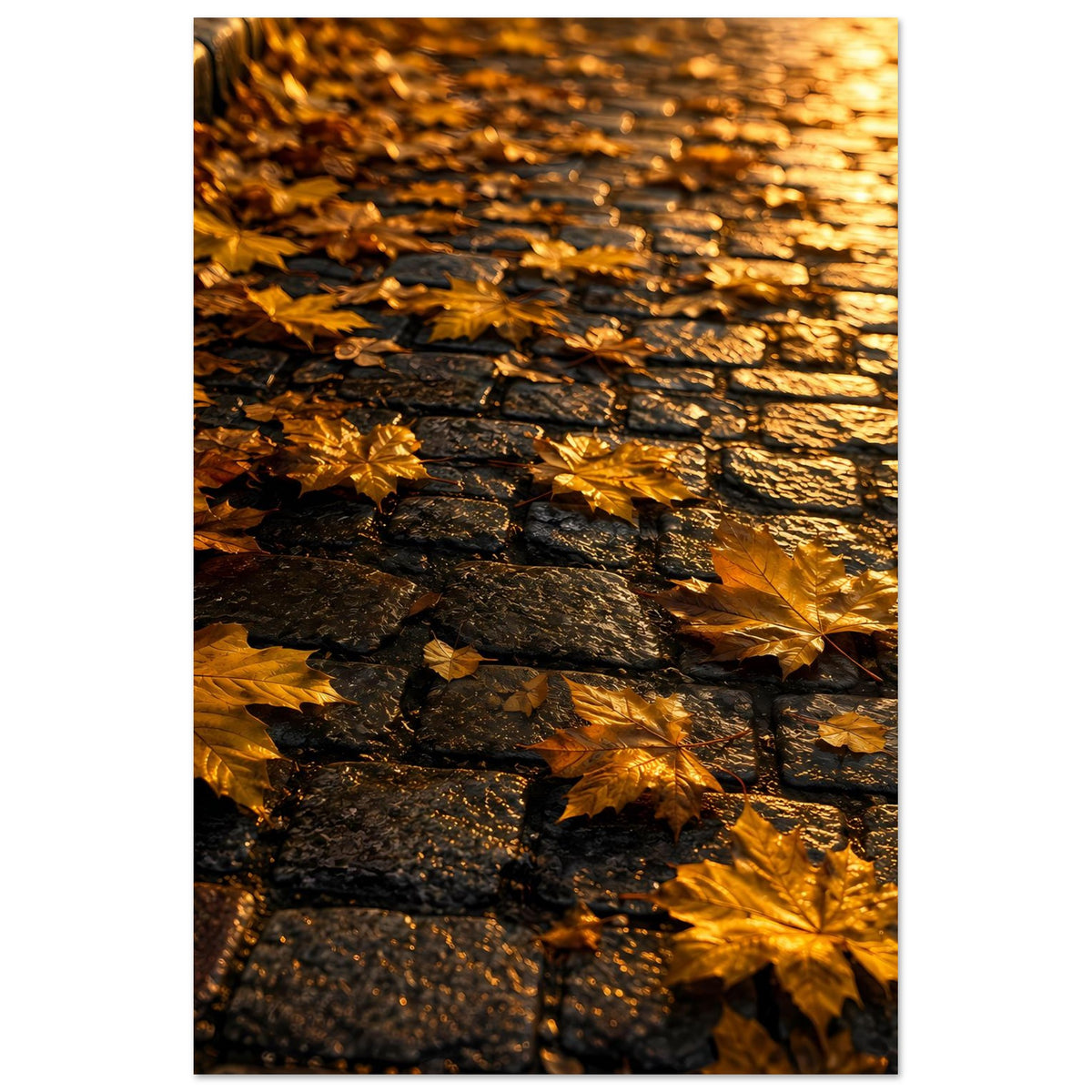 Herbstposter mit goldenen Ahornblättern und dunkler Steinmauer, weicher Lichteindruck