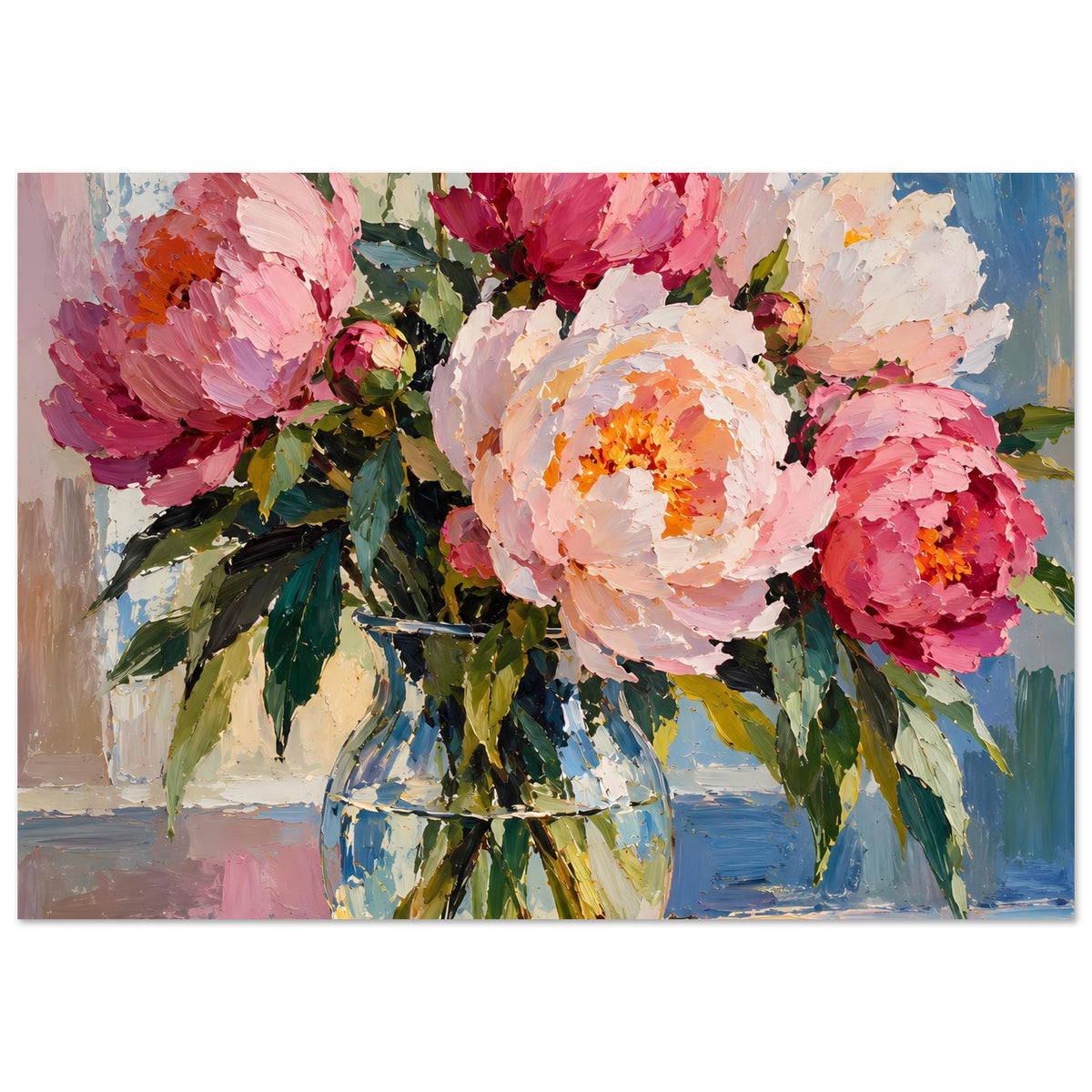 Blumenposter im Ölmalerei-Stil: Pfingstrosenstrauß in Vase, Mischung aus Rosa, Weiß und Grün, Querformat.