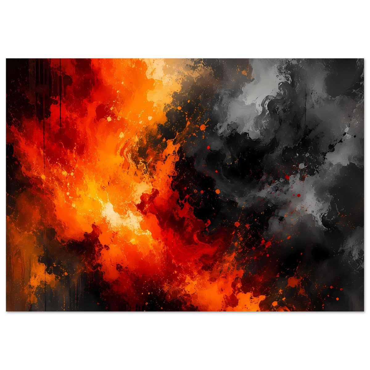 Horizontales abstraktes Poster mit Feuer- und Rauchwirbeln in Rot, Orange und Grau