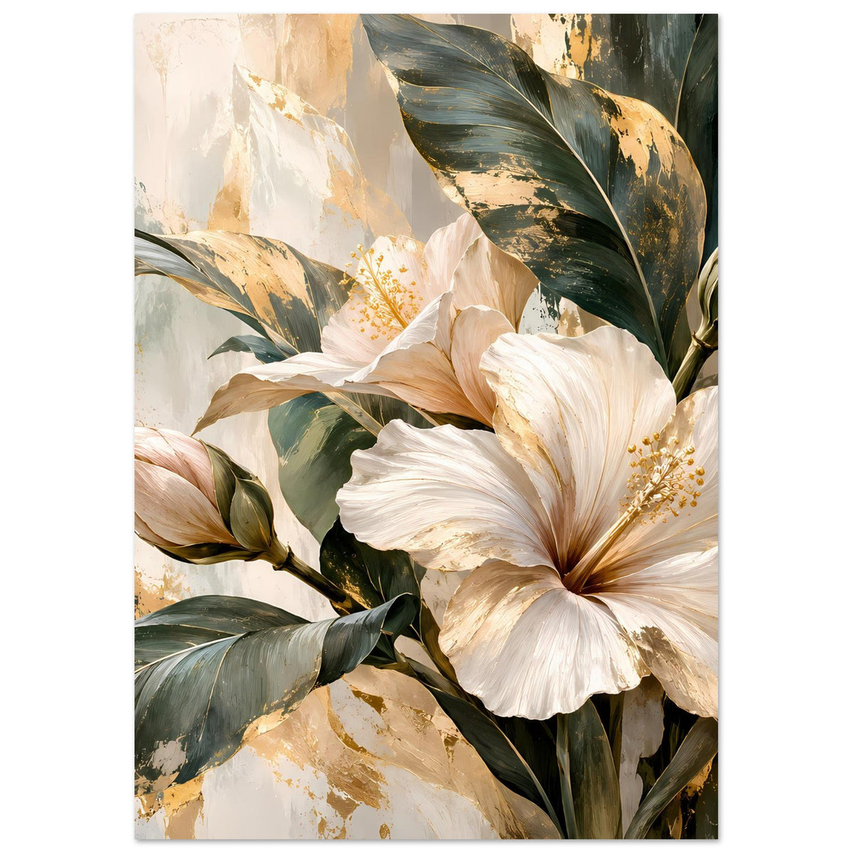 Gerahmtes Blumenposter mit großen weißen Blüten, grünen Blättern und gold schimmernden Punkten