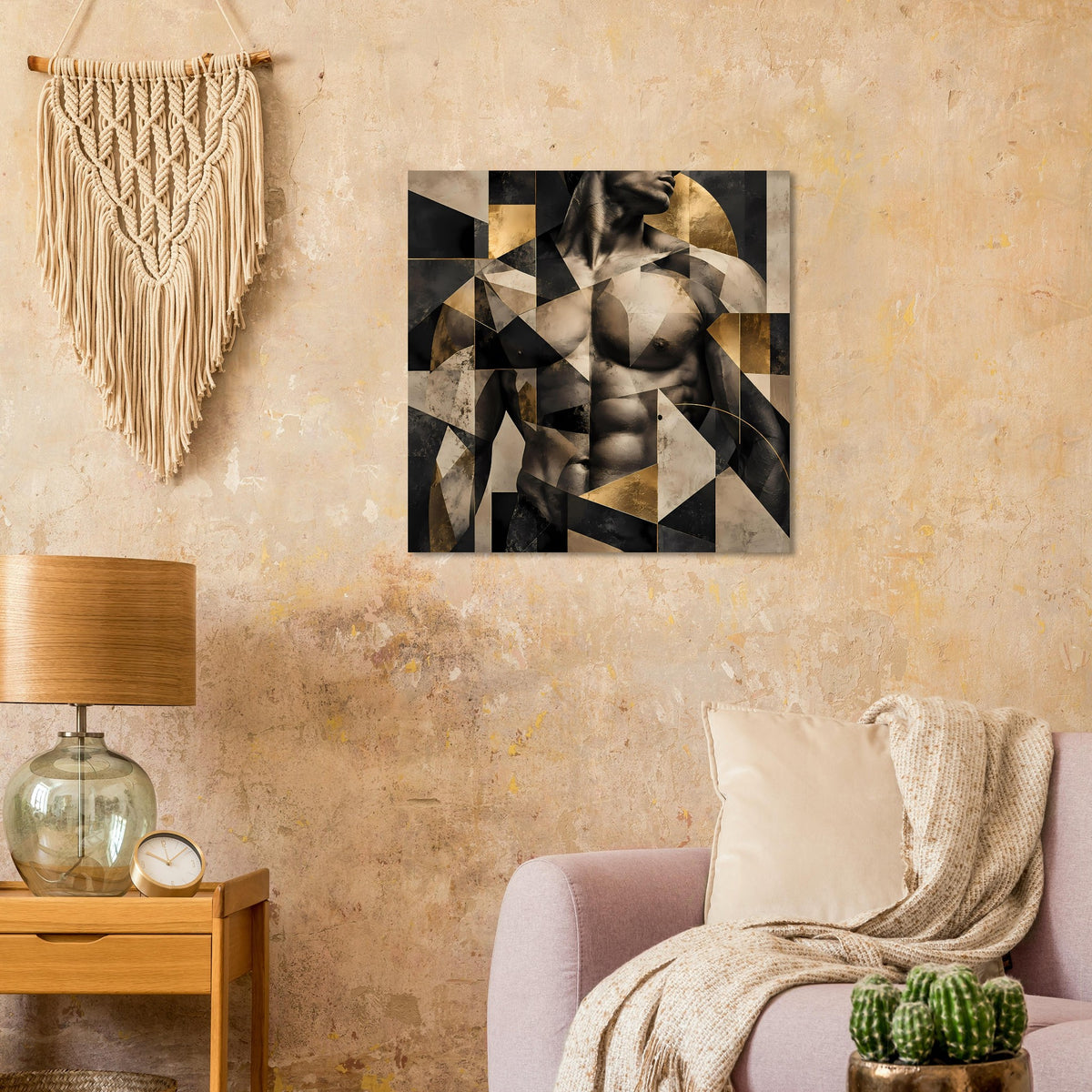 Gerahmtes abstraktes Akt-Poster mit geometrischem Patchwork und goldenen Akzenten