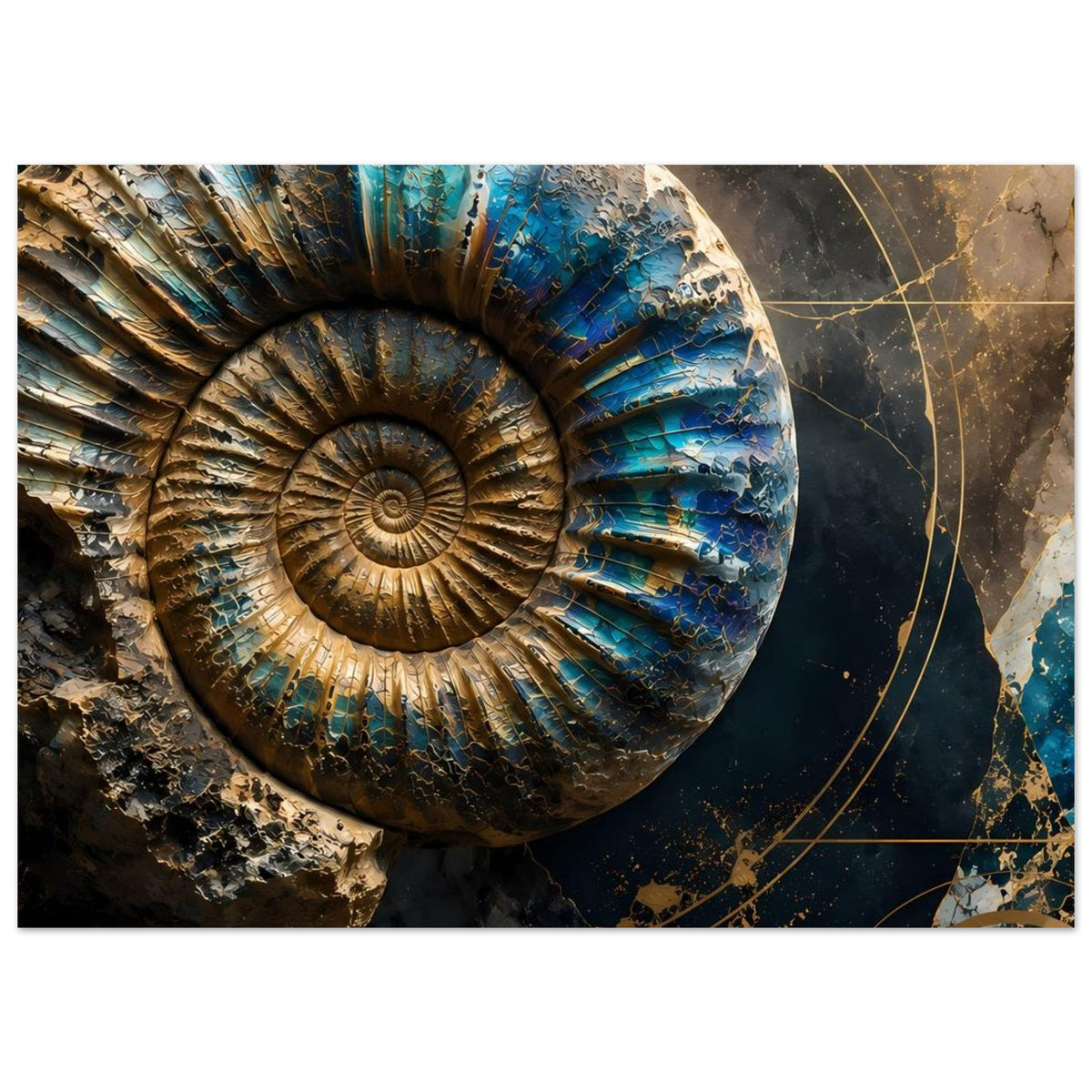 Kunstposter mit Ammonit-Fossil: große Spiralöffnung in Petrol und Gold, goldene Konturen