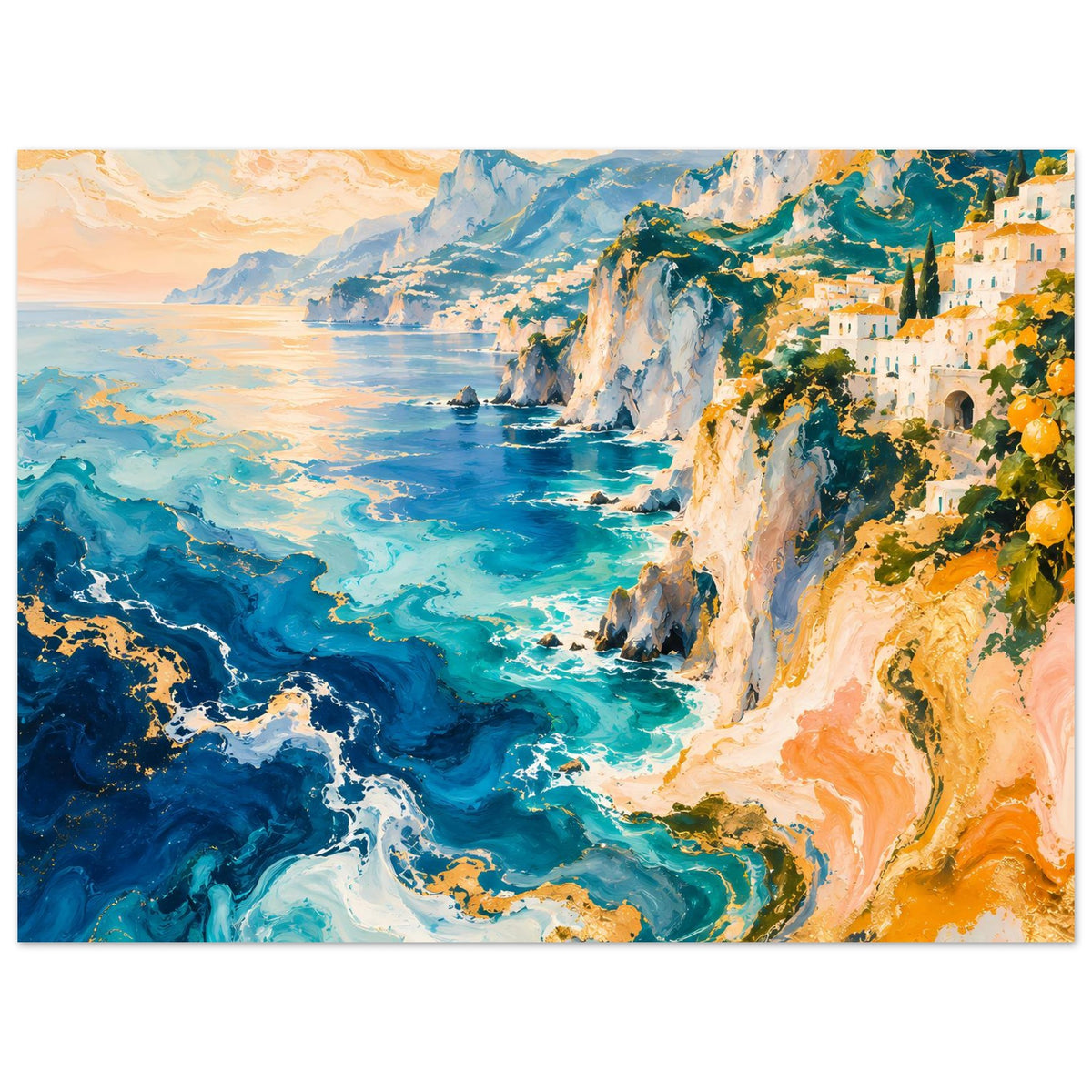 Horizontales Küstenposter: türkisblaues Meer, weiße Felsen, Häuser am Küstenhang