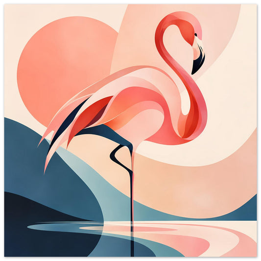 Flamingo-Sonnenuntergangs-Kunstdruck mit abstrakten Kreisen und Wellen in Rosa, Blau und Rot