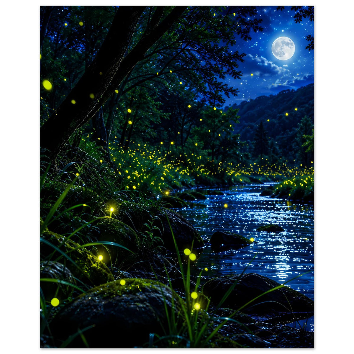 Nachtwald-Poster mit leuchtenden Glühwürmchen am Flussufer, Kronen und Vollmond