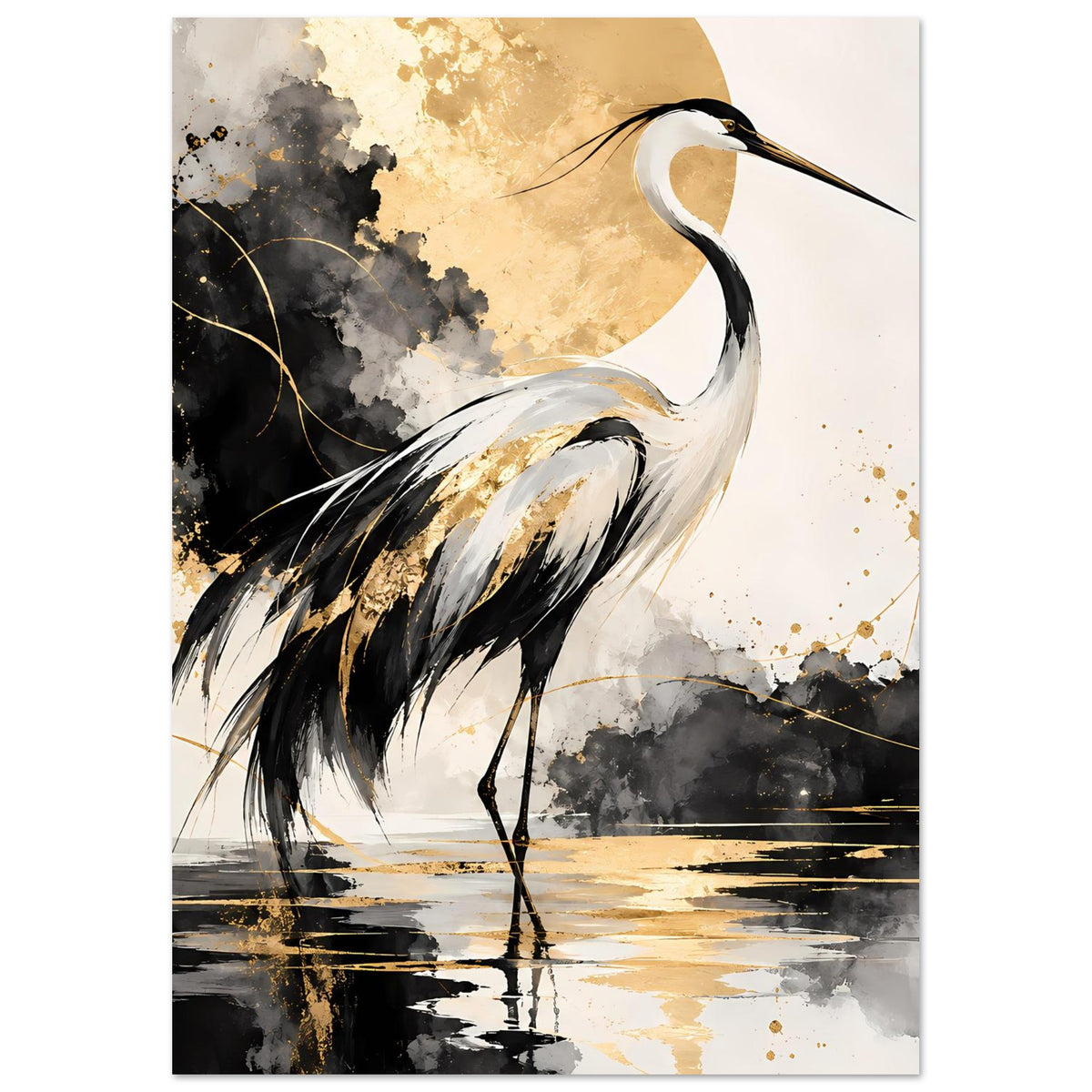 Vogelposter mit Kranich in Schwarz-Weiß, goldene Farbflecken und abstrakte Pinselspuren