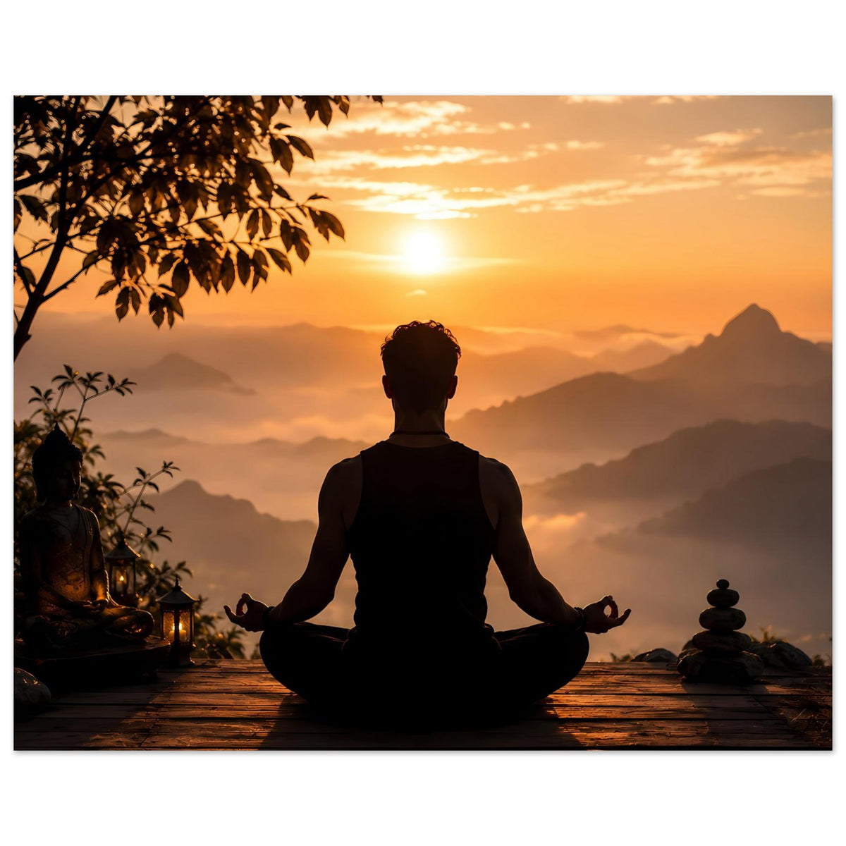 Gerahmtes Meditationsposter mit Lotus-Silhouette bei Sonnenuntergang, Steinweg und Felsbergen