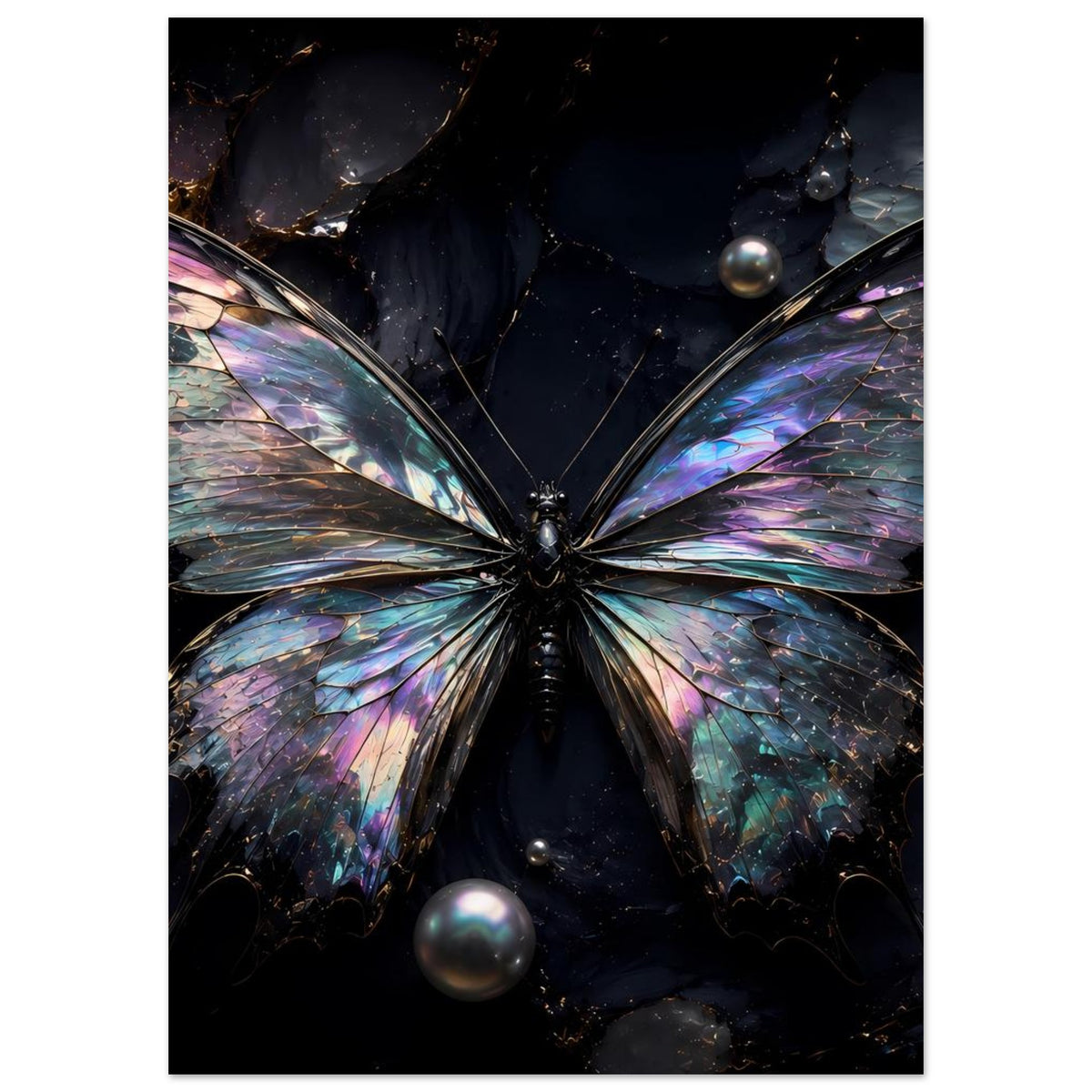 Schmetterling-Poster mit irisierenden Flügeln in Pastellfarben auf tiefschwarzem Hintergrund