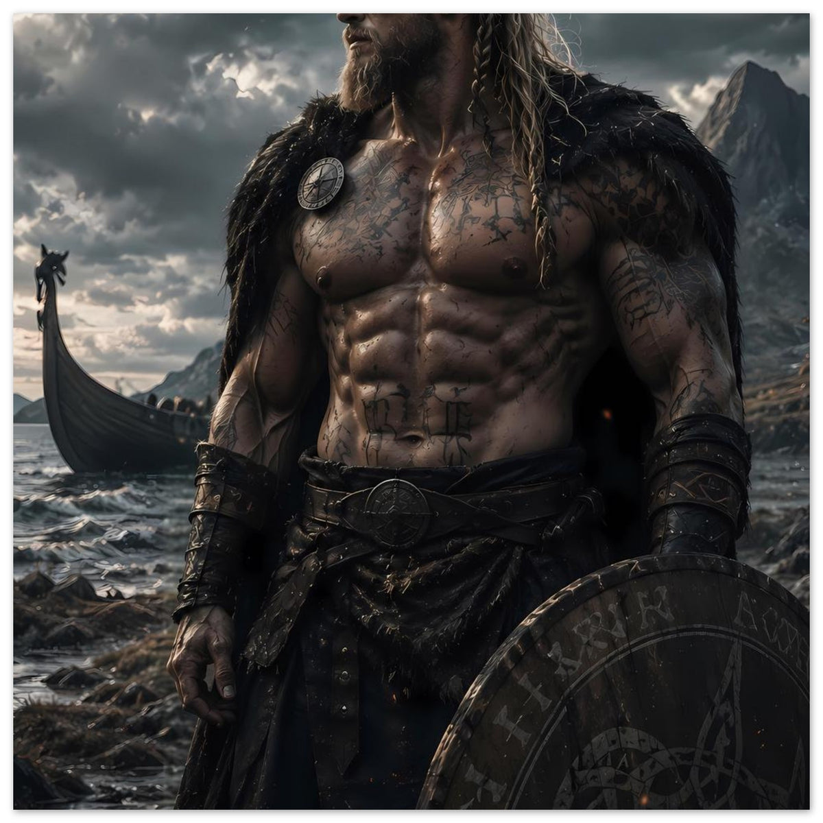Fantasy-Poster mit Wikingerkrieger und Rundschild, standfeste Pose im Ausschnitt